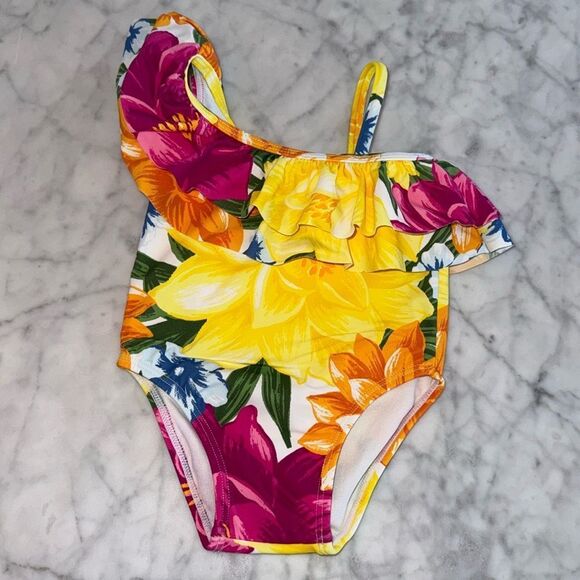 Janie & Jack Floral Ruffle Shoulder Swim 6/12M - Picture 1 of 4